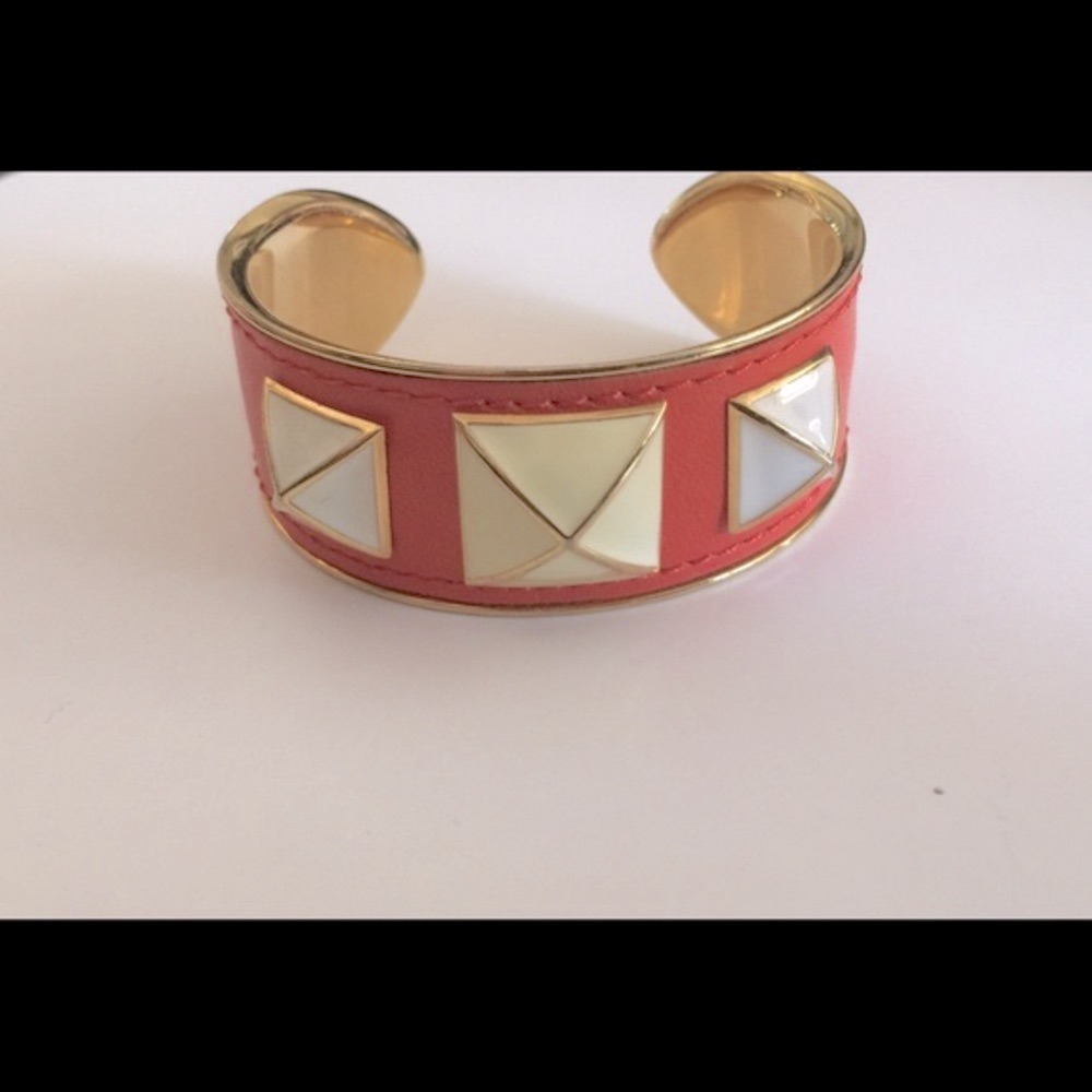 Rebecca Minkoff Orange LeatherEnamel Stud Cuff Gold Bracelet 67$